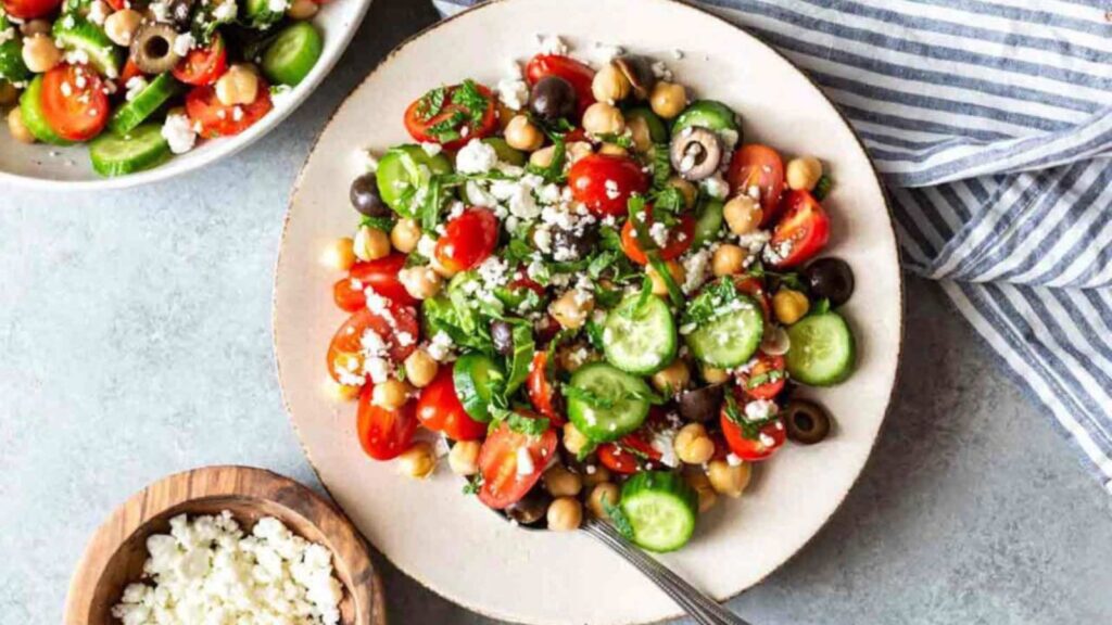 An overhead view of a plate filled with Mediterranean Chickpea Salad.
