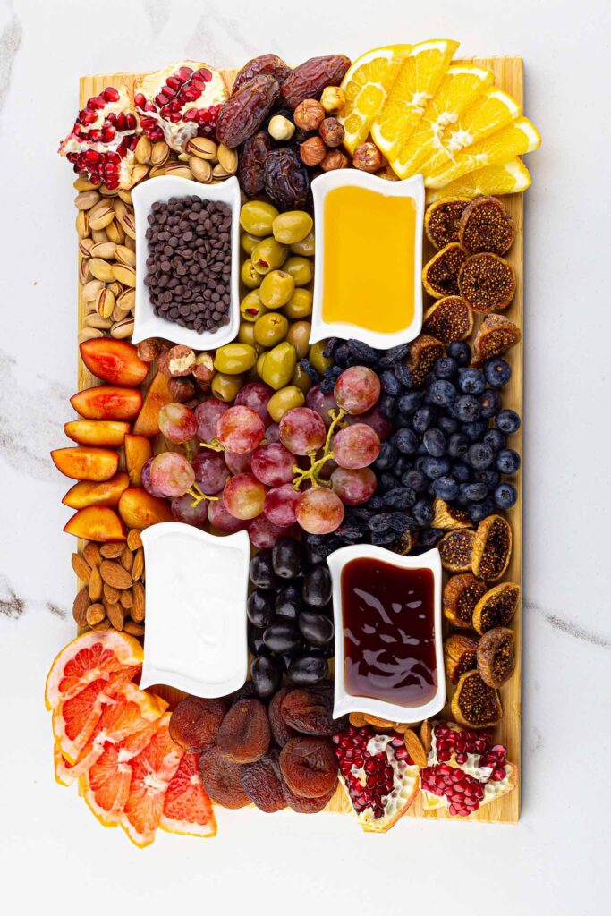 A Dessert Mezze Platter from overhead, sits on a white surface.