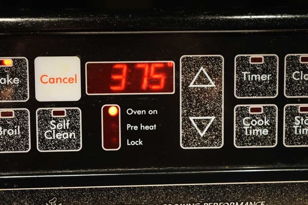 An oven display set to 375 degrees Fahrenheit.