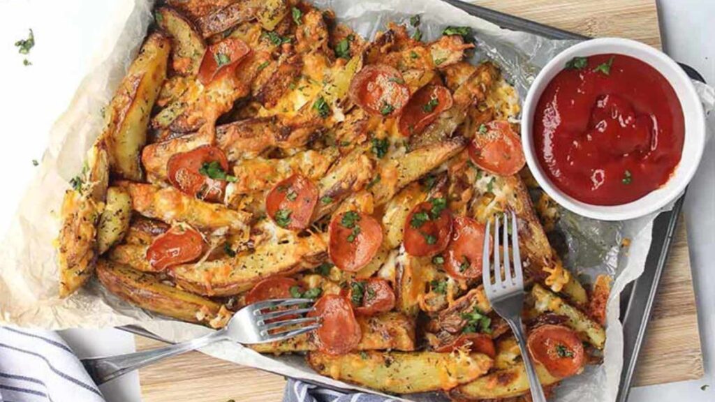 An overhead view of pizza fries on a sheet pan.