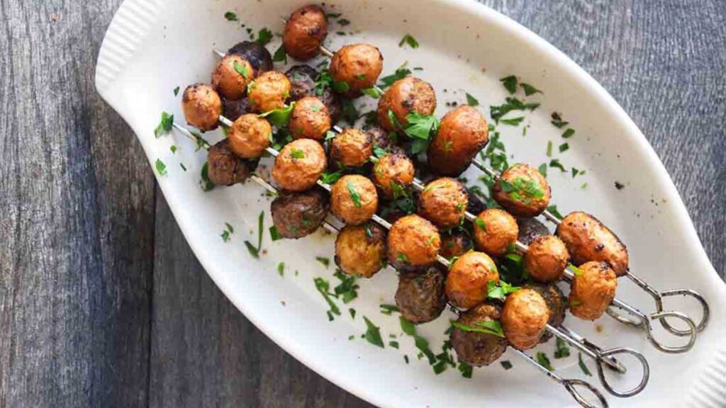 An overhead view of these Grilled Potato Skewers.
