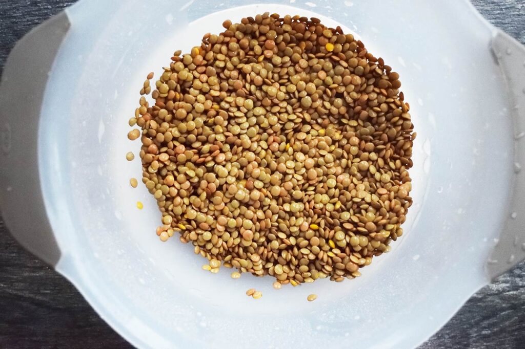 Rinsed lentils draining in a white seive.