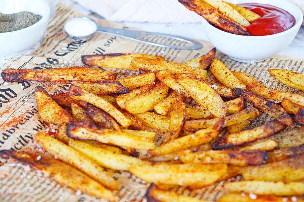 Just cooked Air Fryer French Fries laying on a piece of newspaper.