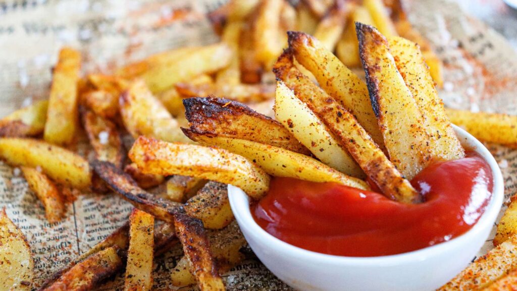 A few Air Fryer French Fries sitting in a white bowl of ketchup on a piece of news paper with other fries laying on the paper behind the bowl.