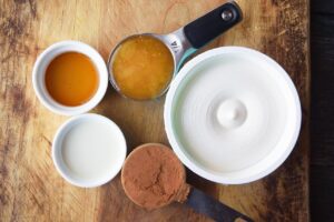 Ingredients gathered on a cutting board for this brownie batter dip recipe.