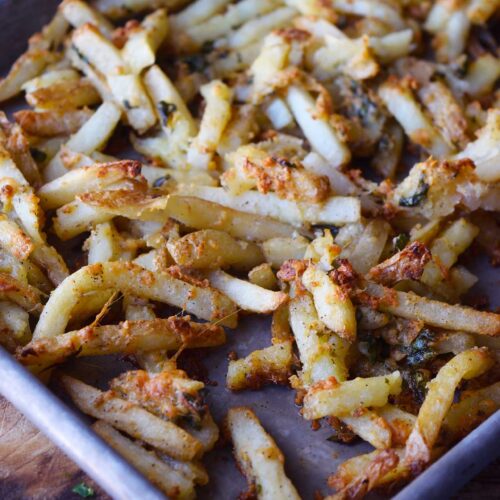 Garlic fries on a sheet pan.