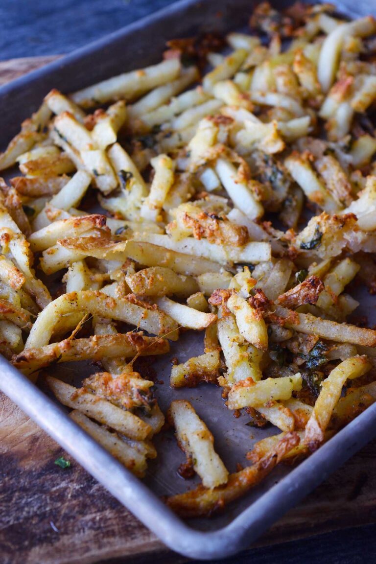 Garlic fries on a sheet pan.