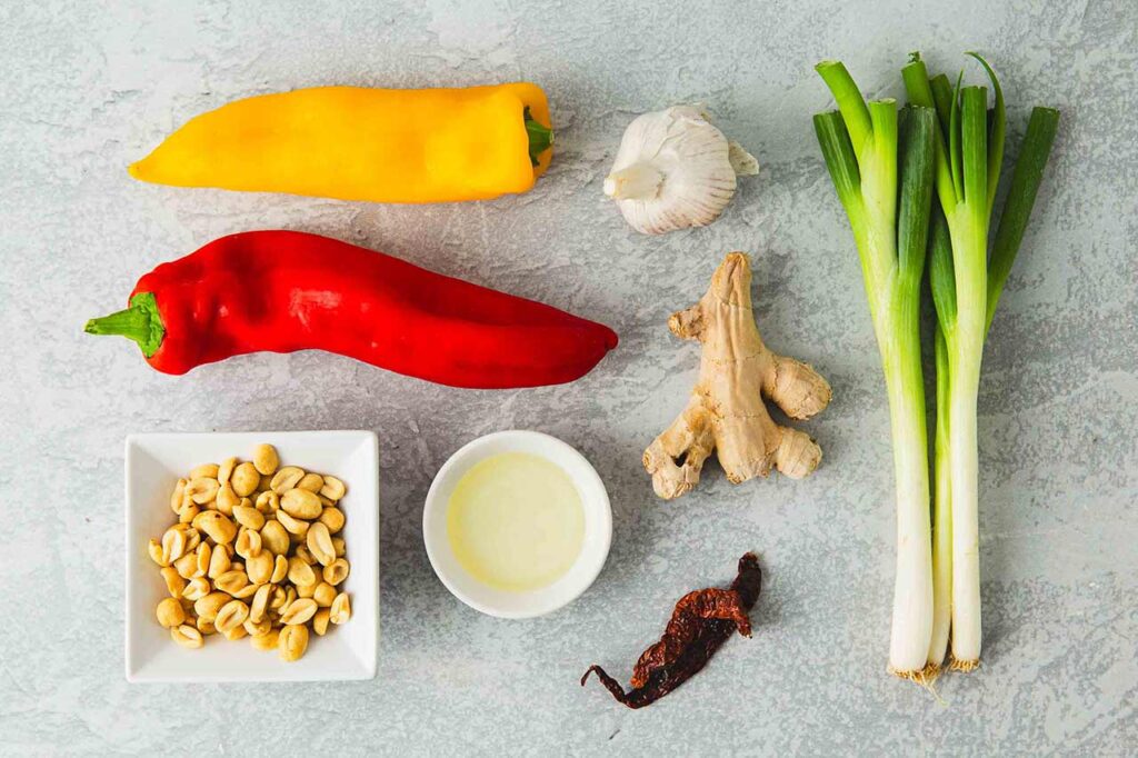 Kung Pao Beef ingredients gathered on a work surface.