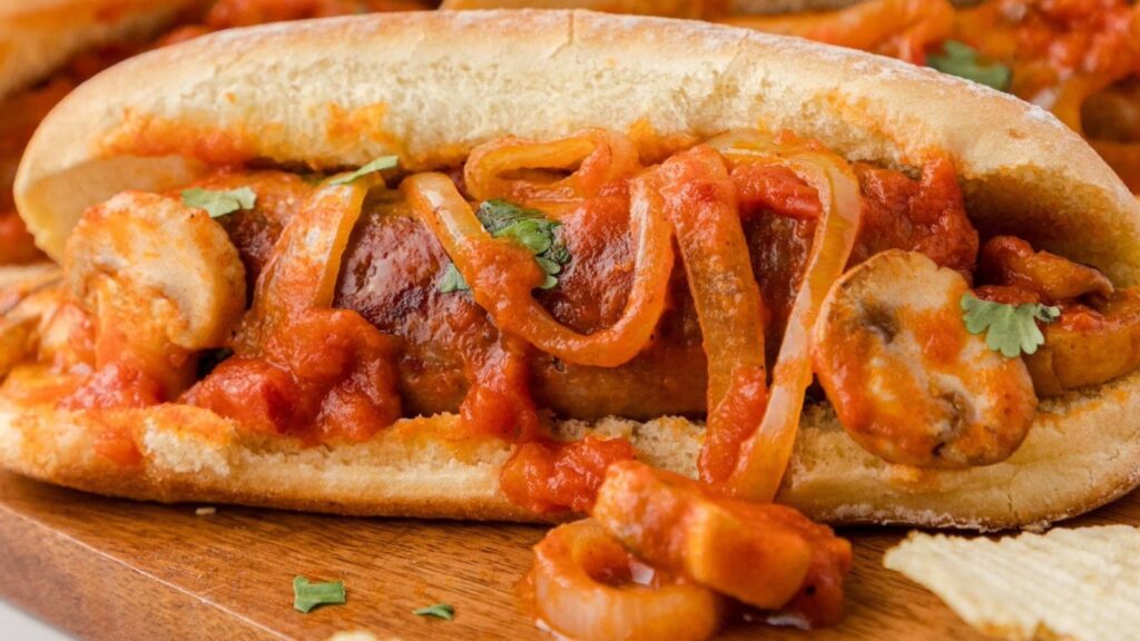 A hot dog bun stuffed with Italian sausage, mushrooms, and caramelized onions.