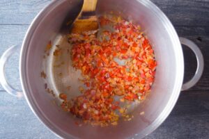 Sautéd onions and bel pepper in a soup pot.