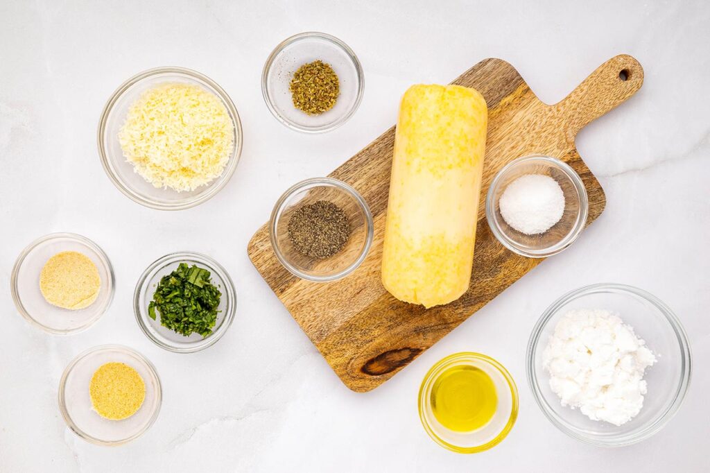 Polenta fries ingredients in separate bowls.