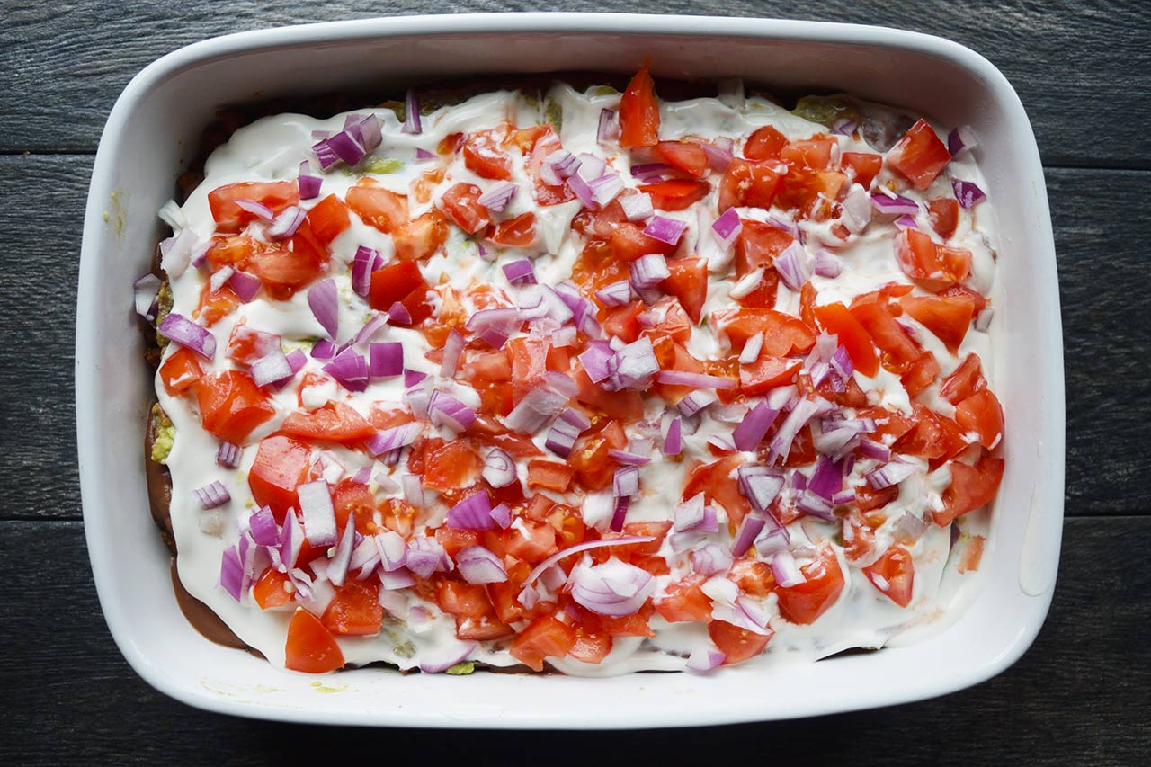An overhead view of a finished Taco Salad Casserole.