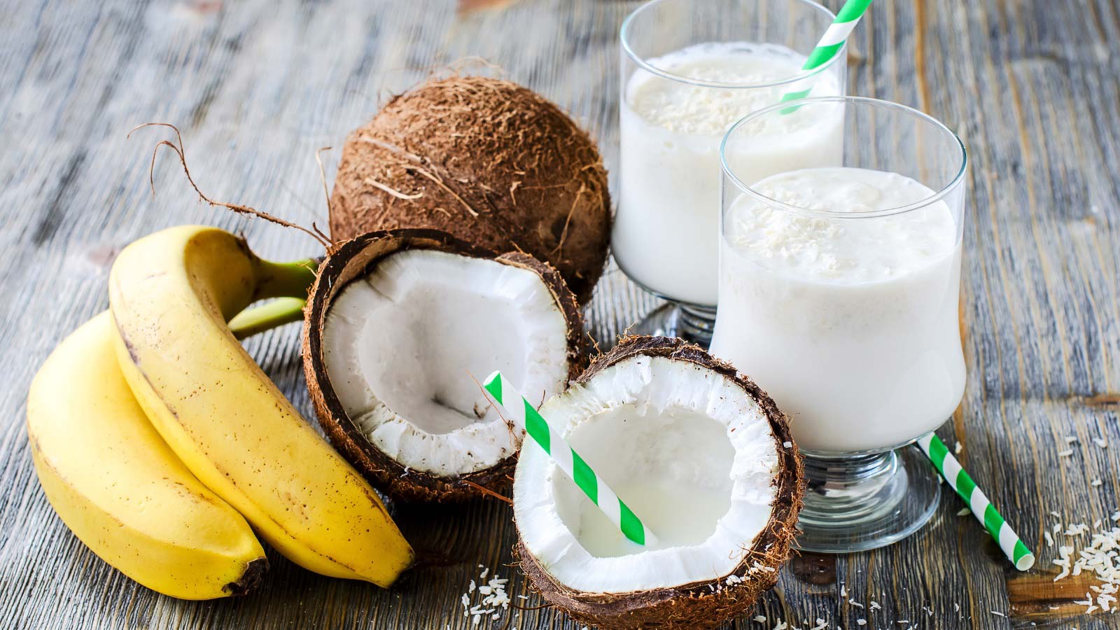 Fresh sweet healthy coconut milk shake with bananas.