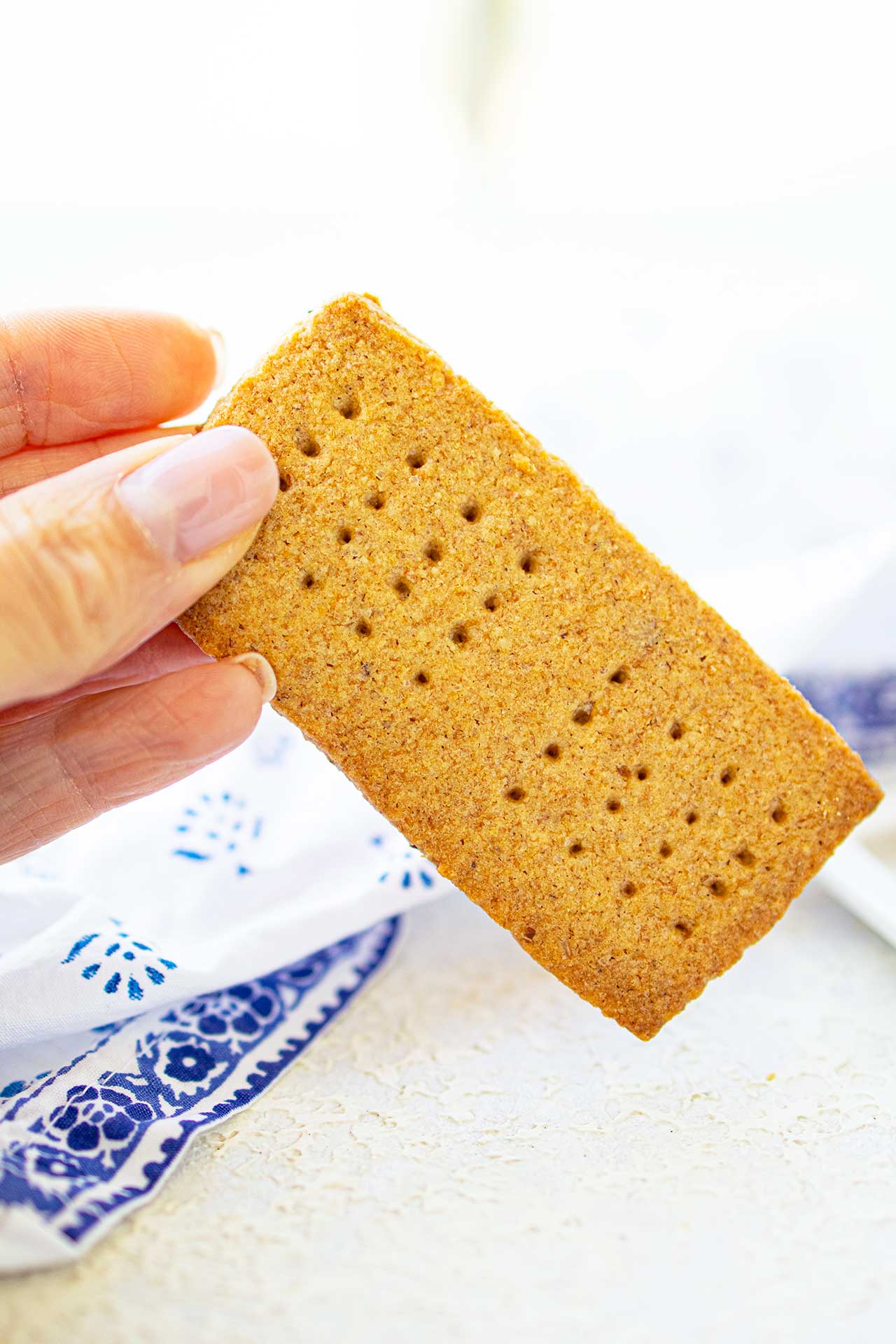 A hand holds up a single graham cracker.