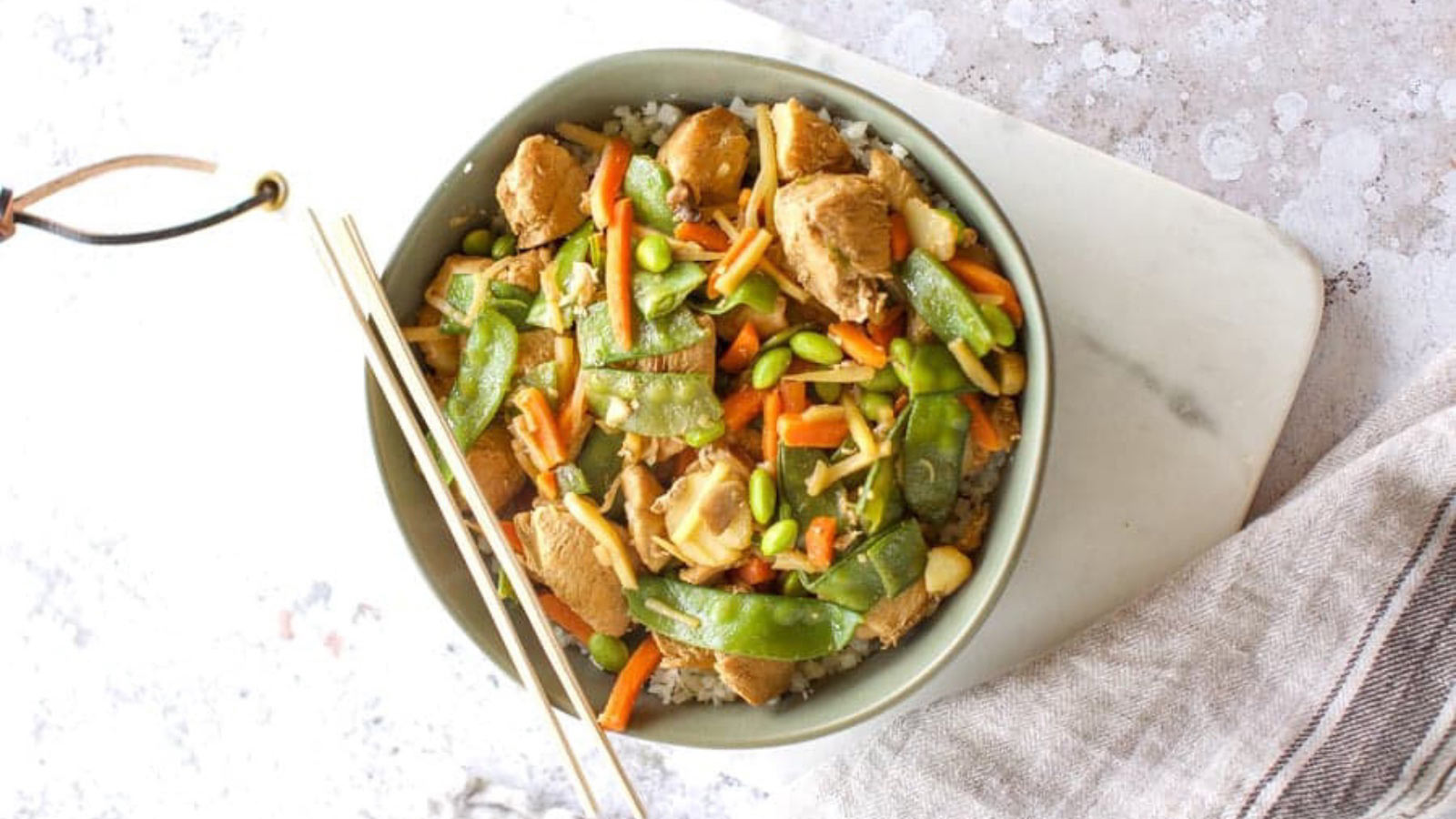 An overhead view of a bowl filled with Instant Pot stir fry.