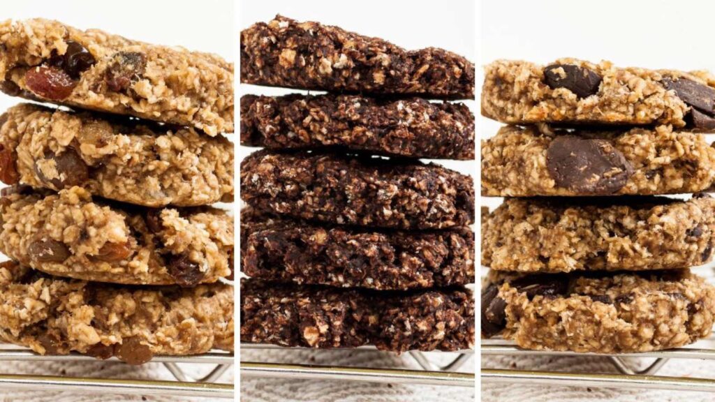 A collage of three stacks of cookies up close.