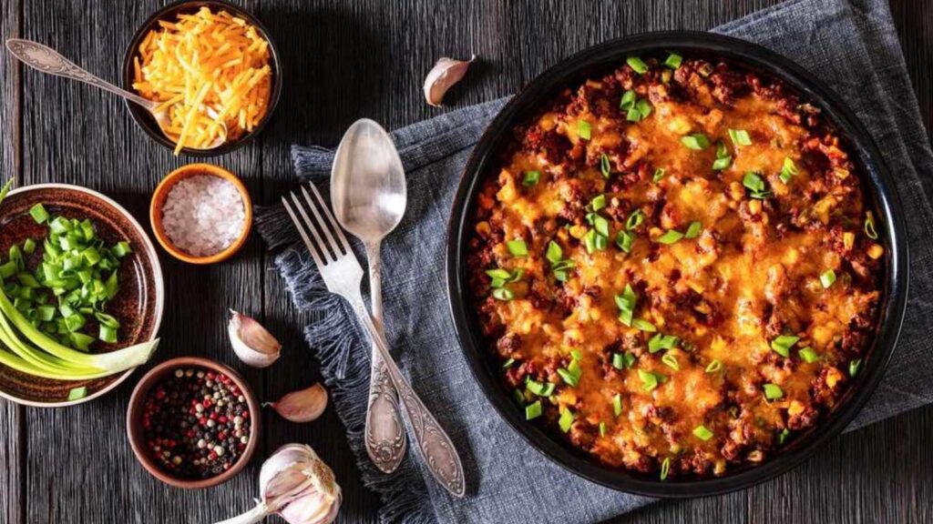 A black bowl filled with chili cornbread casserole sits on a table and placemat. Overhead focus.