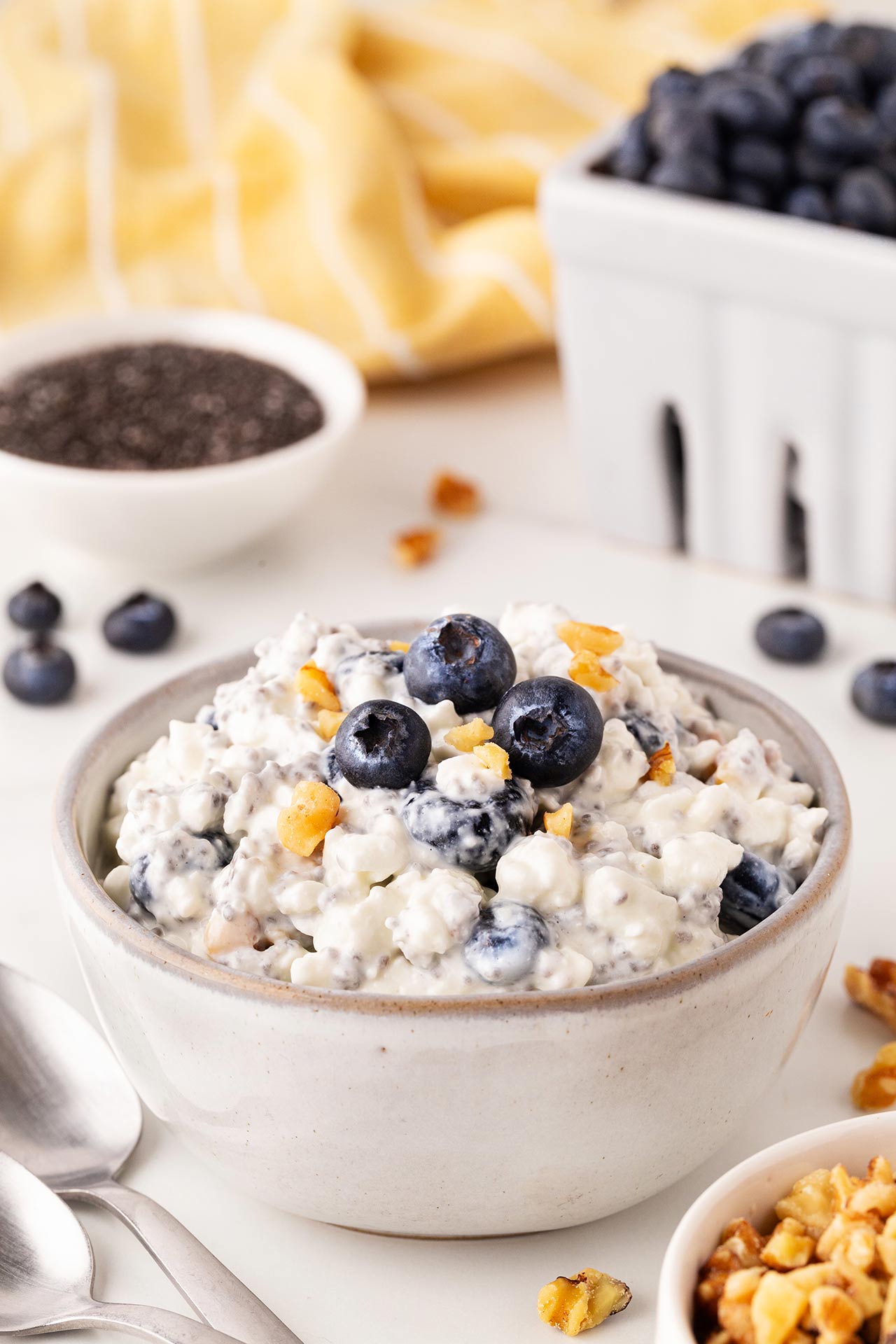 A front view of a bowl full of blueberry cottage cheese sitting on a table.