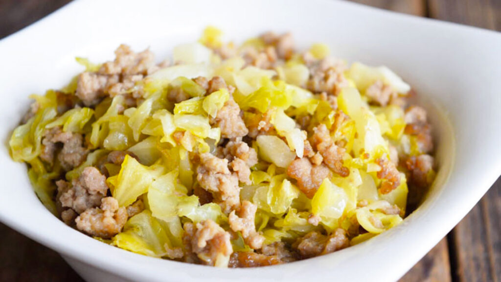 Cabbage Hash In a white bowl.