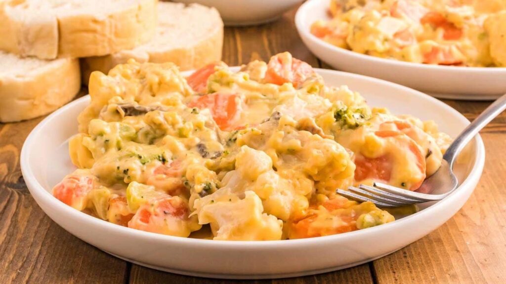 A white dish filled with cherry vegetable casserole.