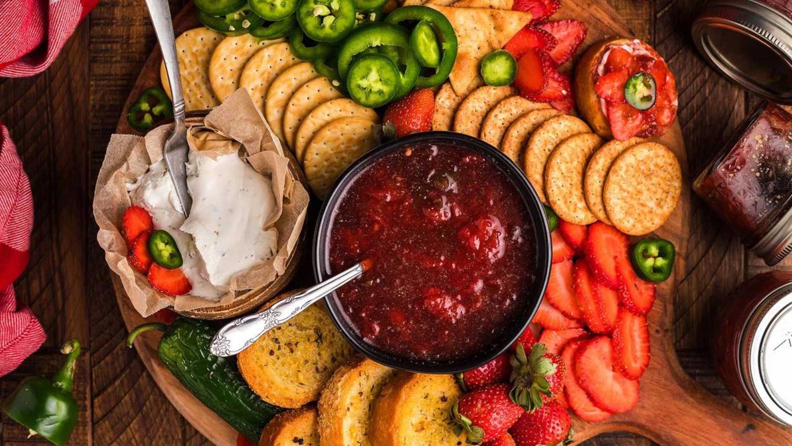 An overhead view of a charcuterie board with a bowl of strawberry jalapeño jam in the middle.