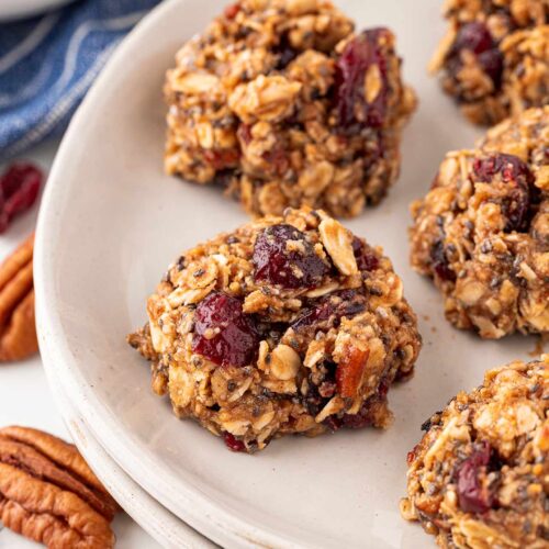 No-bake cookies on a white plate.