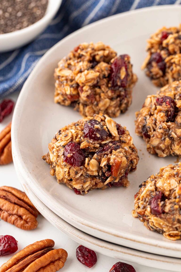 No-bake cookies on a white plate.