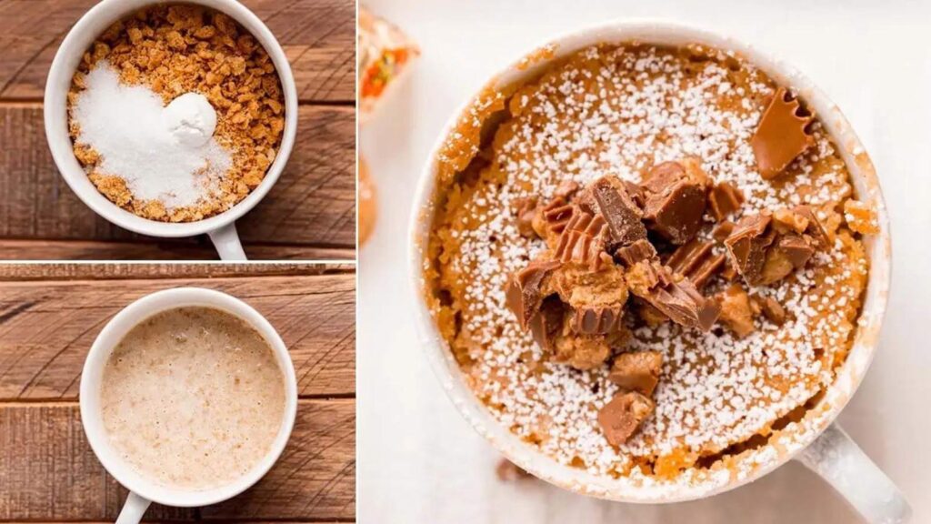 An overhead view collage of the making of a nut butter mug cake.