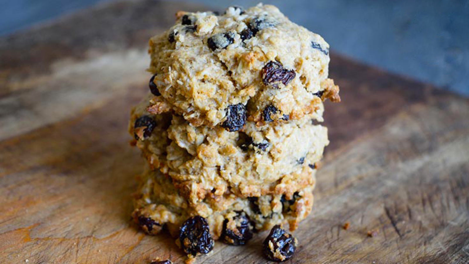 A stack of finished oatmeal raisin cookies.