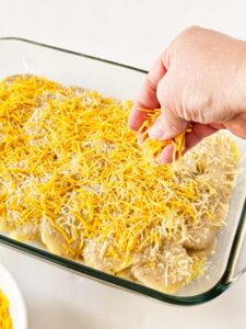 A layer of cheeses sprinkled over the first layer of potatoes au gratin.