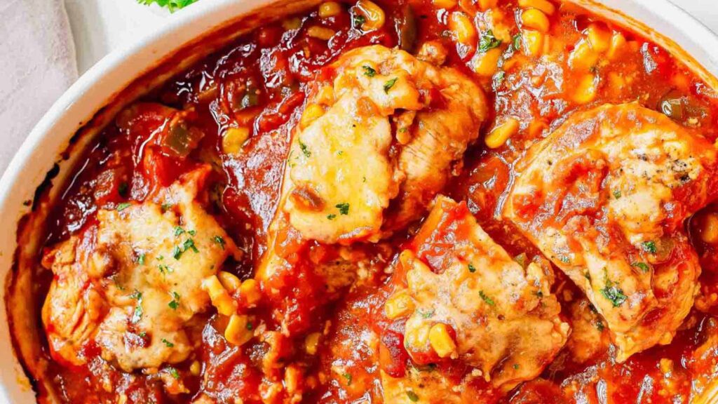 A white casserole dish full of salsa chicken.