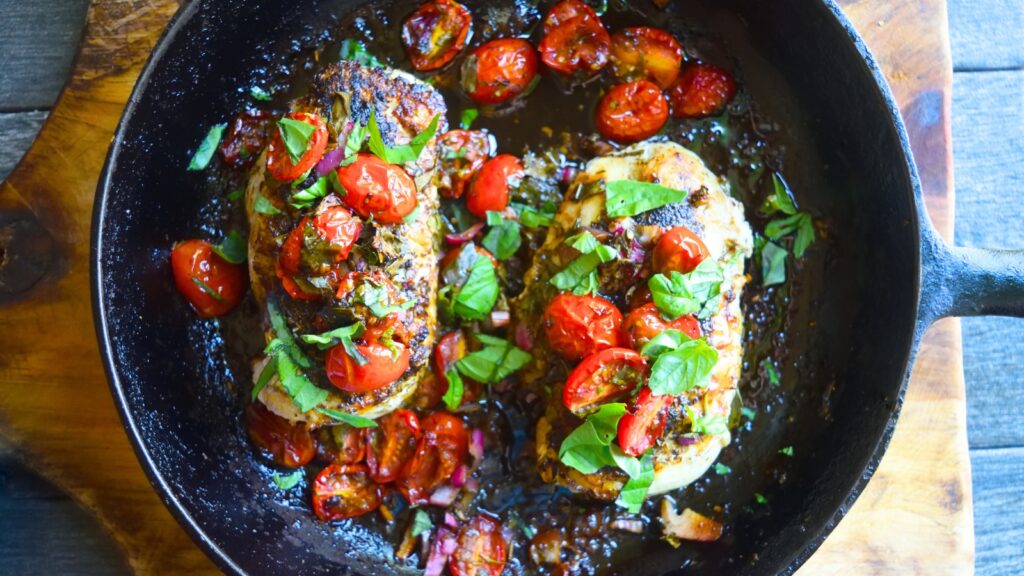 Just baked bruschetta in a cast iron skillet.