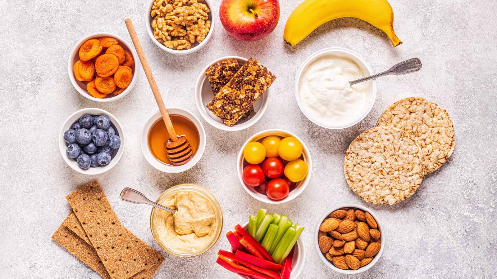 Healthy snack concept, top view.
