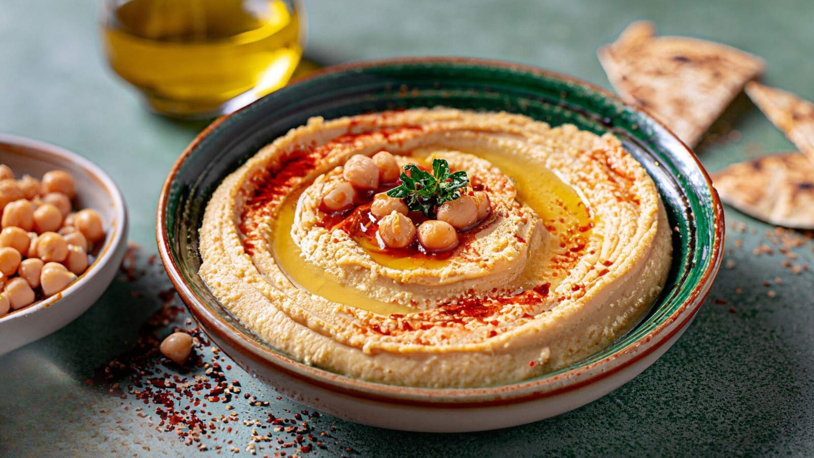 Velvety Hummus Made From Chickpeas, Tahini, Olive Oil, And A Touch Of Spice,