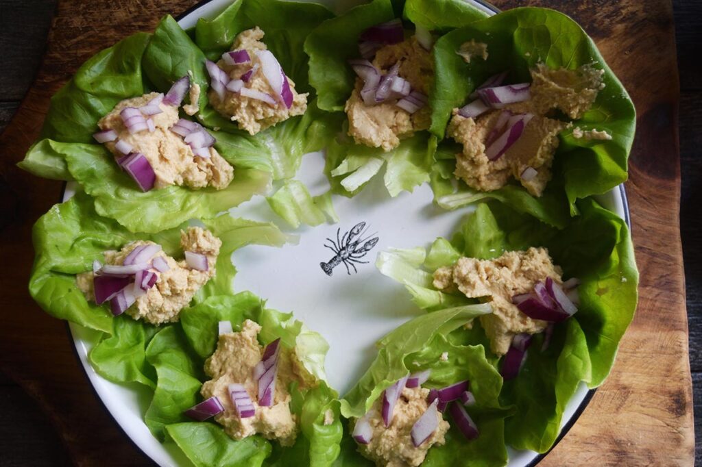 Chopped onions sprinkled over hummus on lettuce leaves.