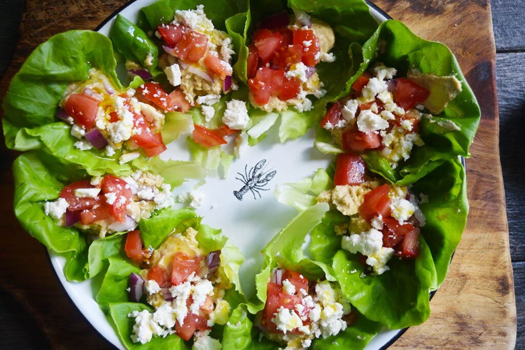 Olive oil drizzled over the top of the lettuce wraps.