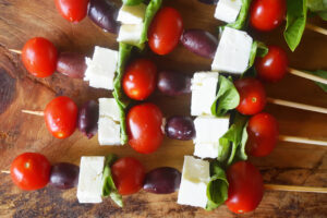 Assembled Mediterranean Skewers waiting for garnish.