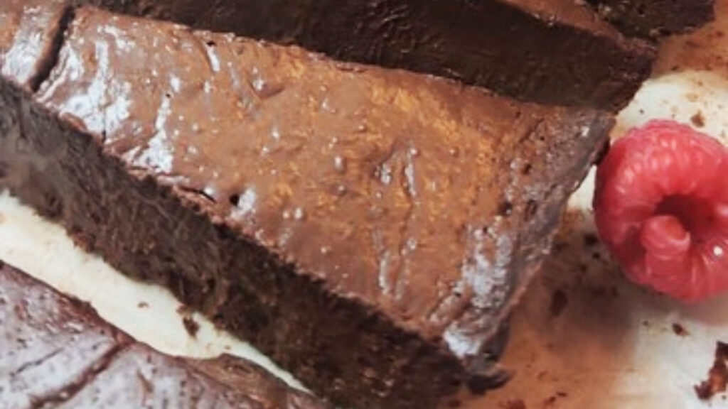 A closeup of a slice of lazy no-bake chocolate cake.