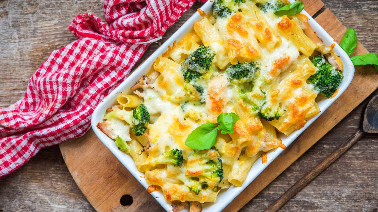 Pasta bake with broccoli and chicken. Overhead focus.