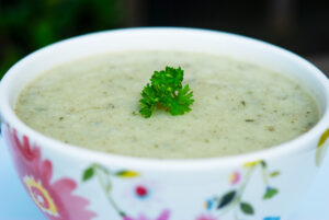 Cauliflower Soup in a white bowl.