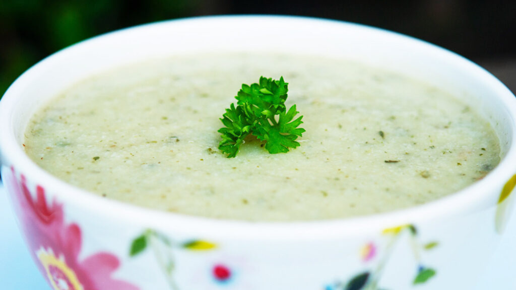 Cauliflower Soup in a white bowl.