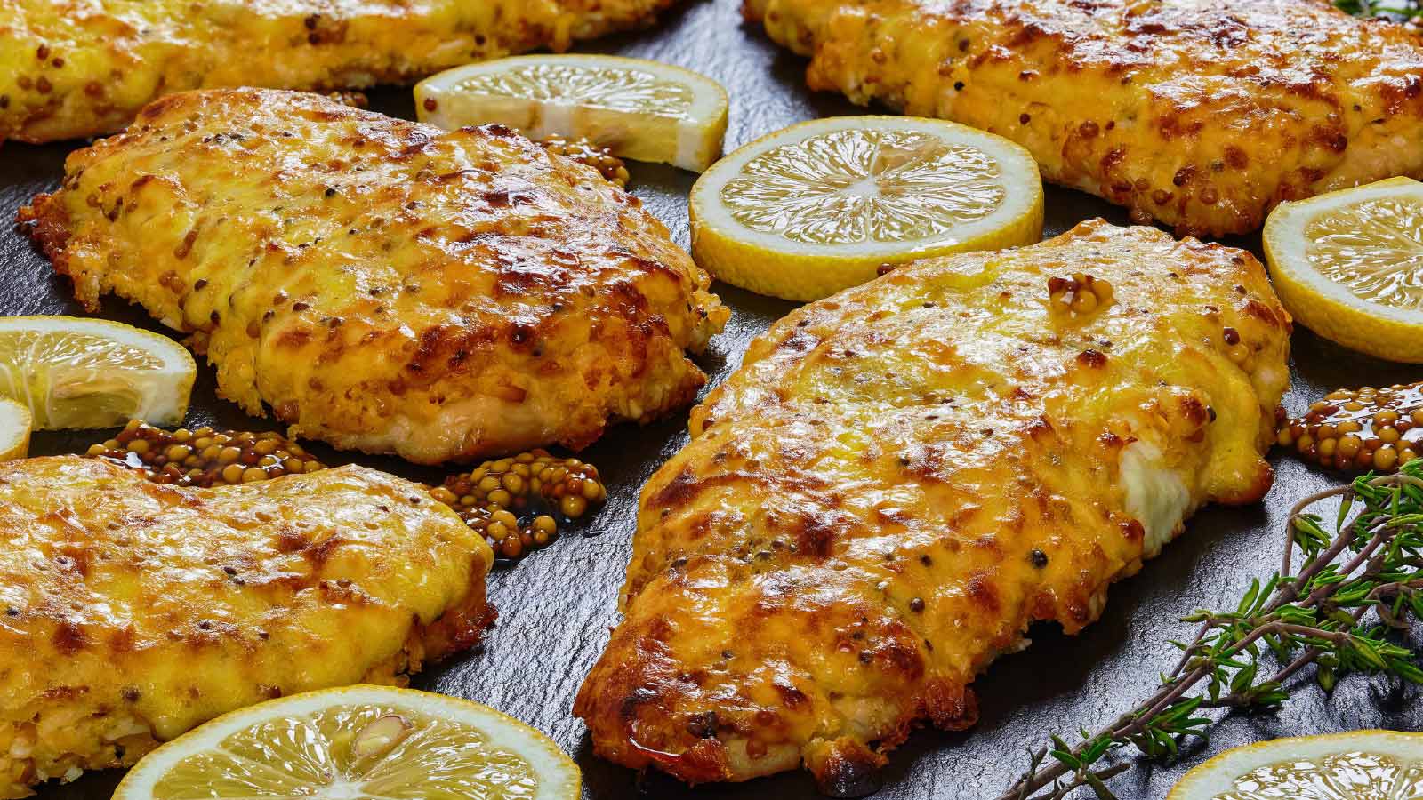 Delicious Baked Chicken breast coated with melted cheese and Whole-grain mustard on black slate plate with thyme and lemon slices, view from above, close-up.