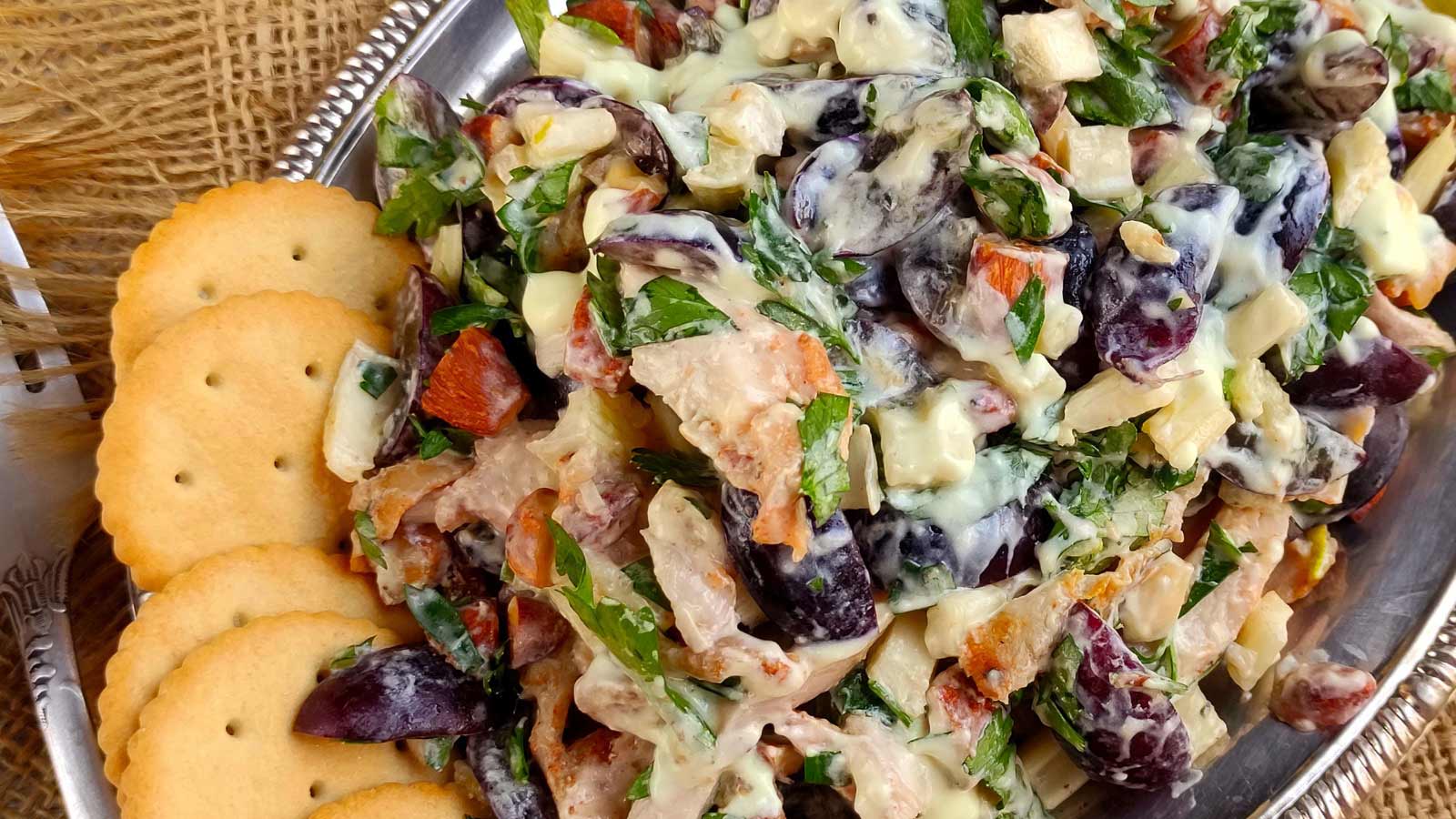 An overhead view of a platter full of Chicken Salad With Grapes.
