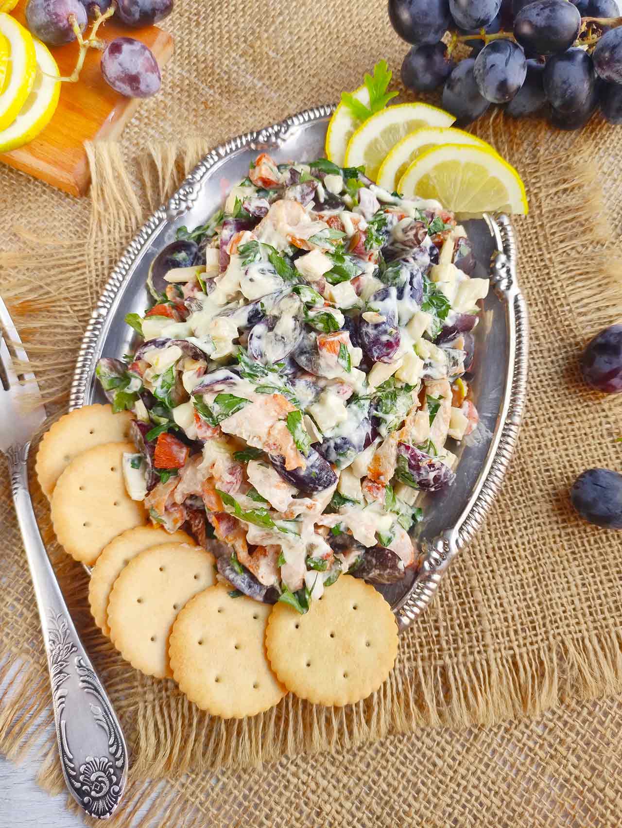An overhead view of a platter full of Chicken Salad With Grapes.