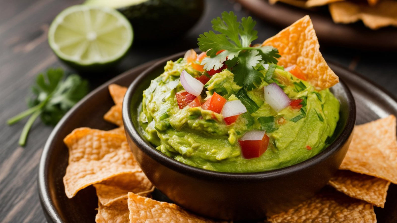 Guacamole: Creamy avocado dip mixed with lime juice, cilantro, onions, tomatoes, and spices, often served with tortilla chips.