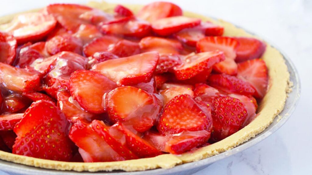 A finished, fresh strawberry pie.
