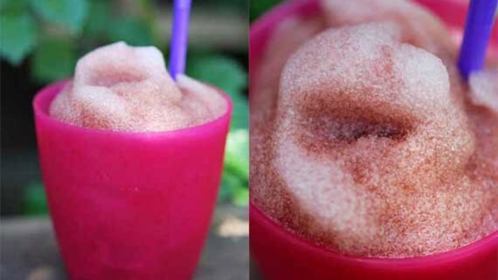 Two image collage of a slush puppy in a pink cup with a purple straw.