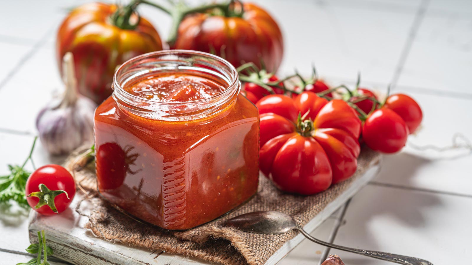 Homemade tomato sauce in a glass jar, tomatoes and herbs on its side. White background