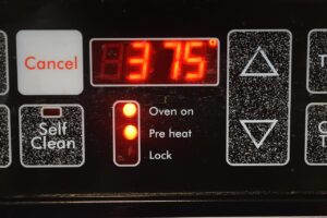 375 degrees set on an oven display.