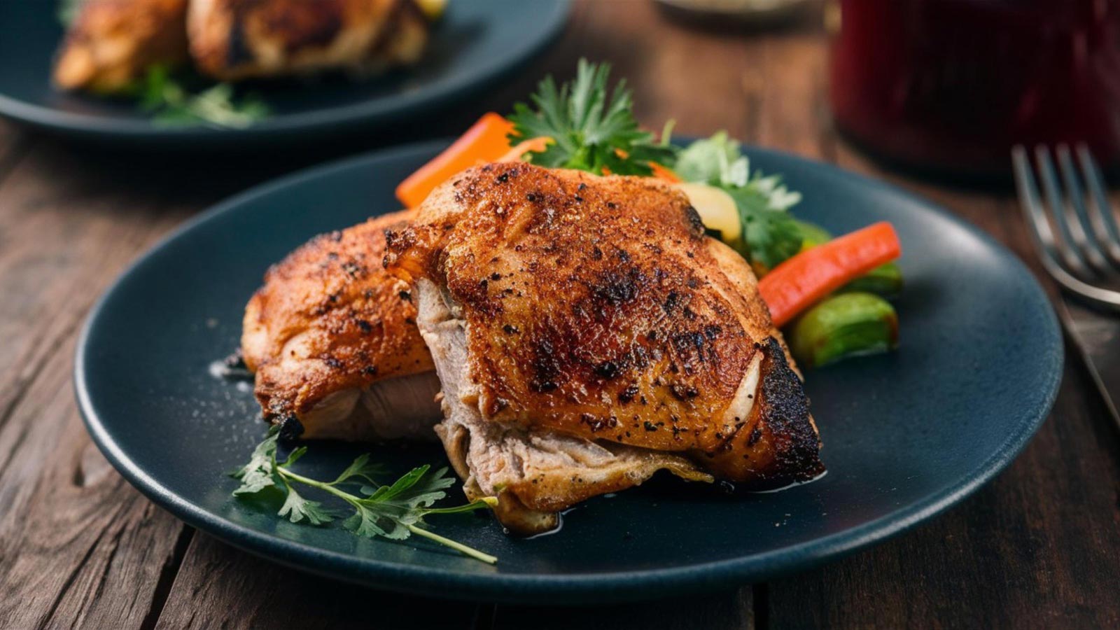 Chicken Thighs: Juicy, roasted chicken thighs with a crispy skin and flavorful seasoning, beautifully presented with a side of vegetables to highlight their savory goodness.